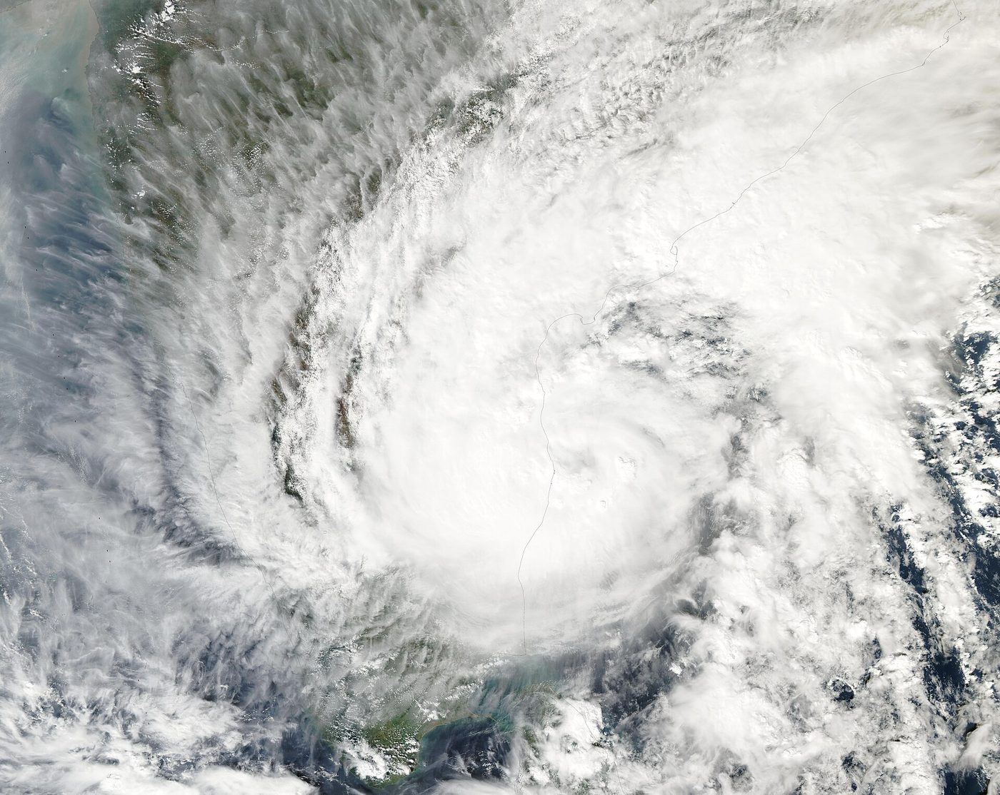 Satellite view of a cyclone swirling over India's east coast