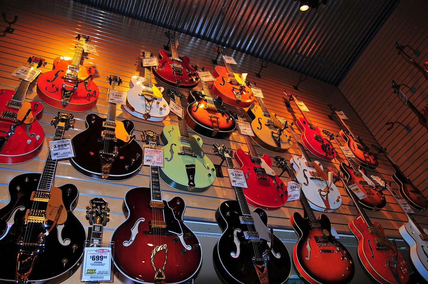 Guitars on display in a music store