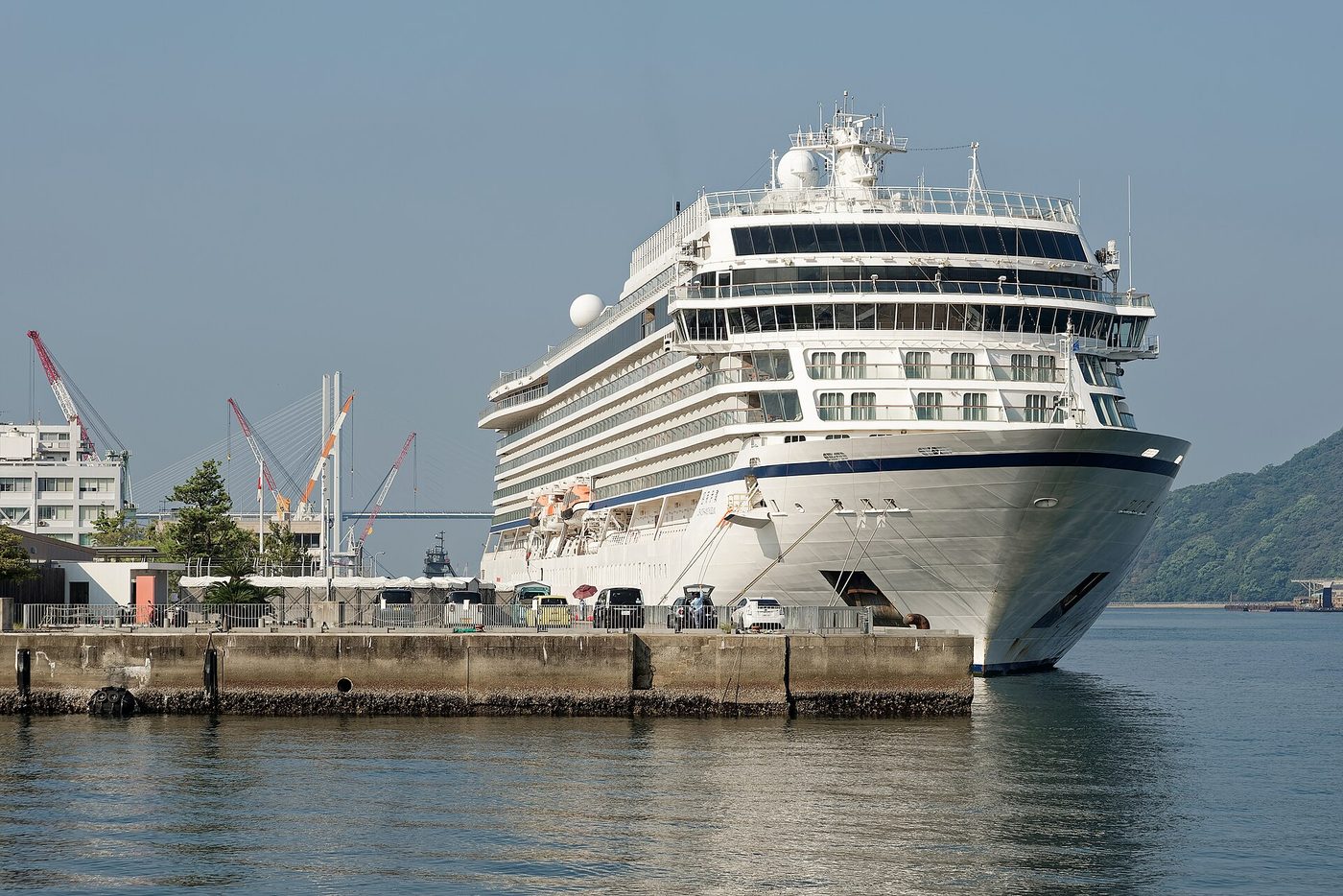 A cruise ship docked in port