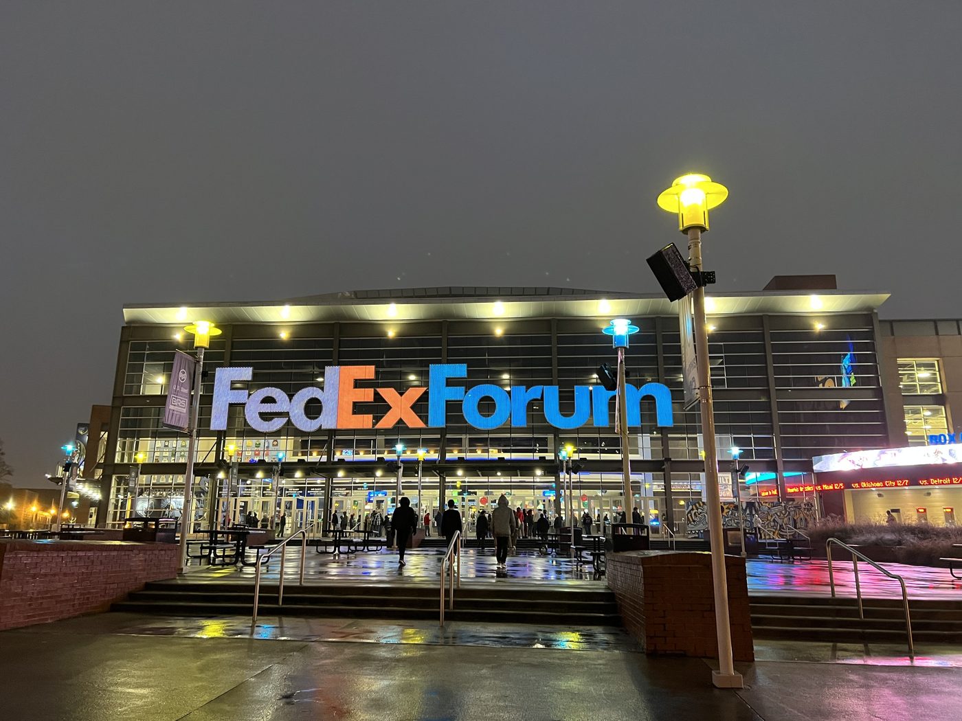The FedExForum arena in Memphis lit up at night