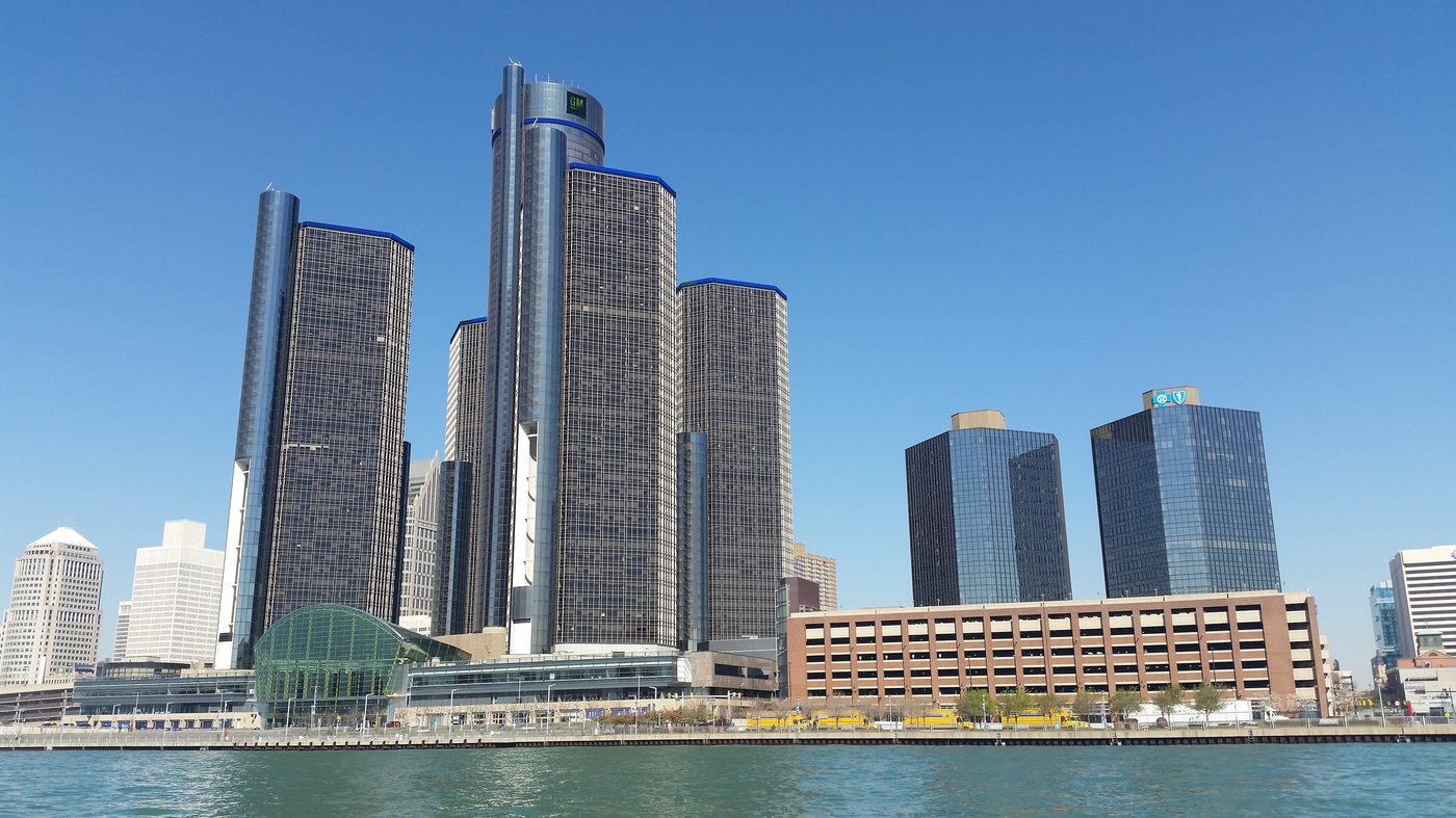The Renaissance Center towers on the Detroit riverfront