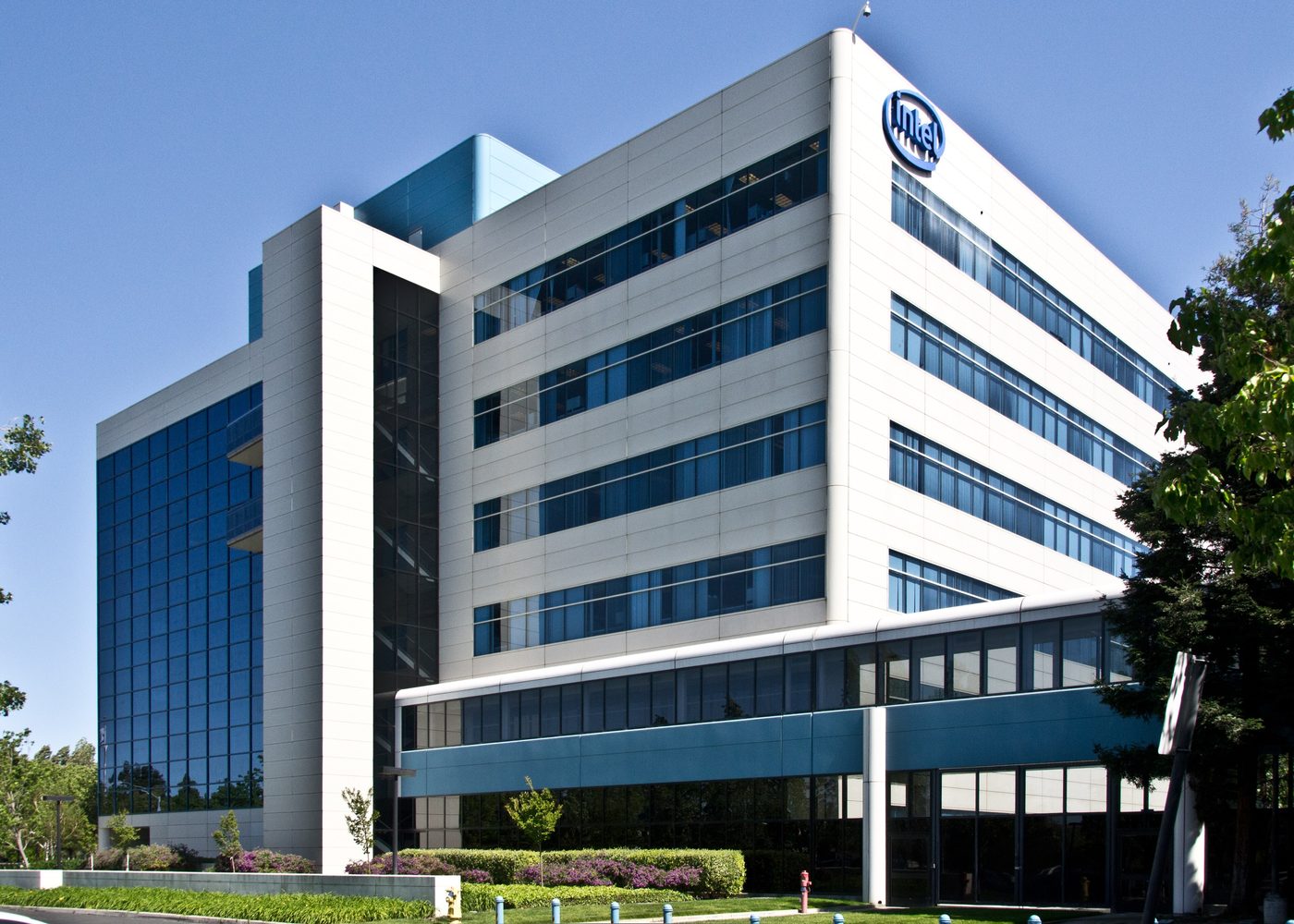 Intel's glass and white headquarters building in Santa Clara, California