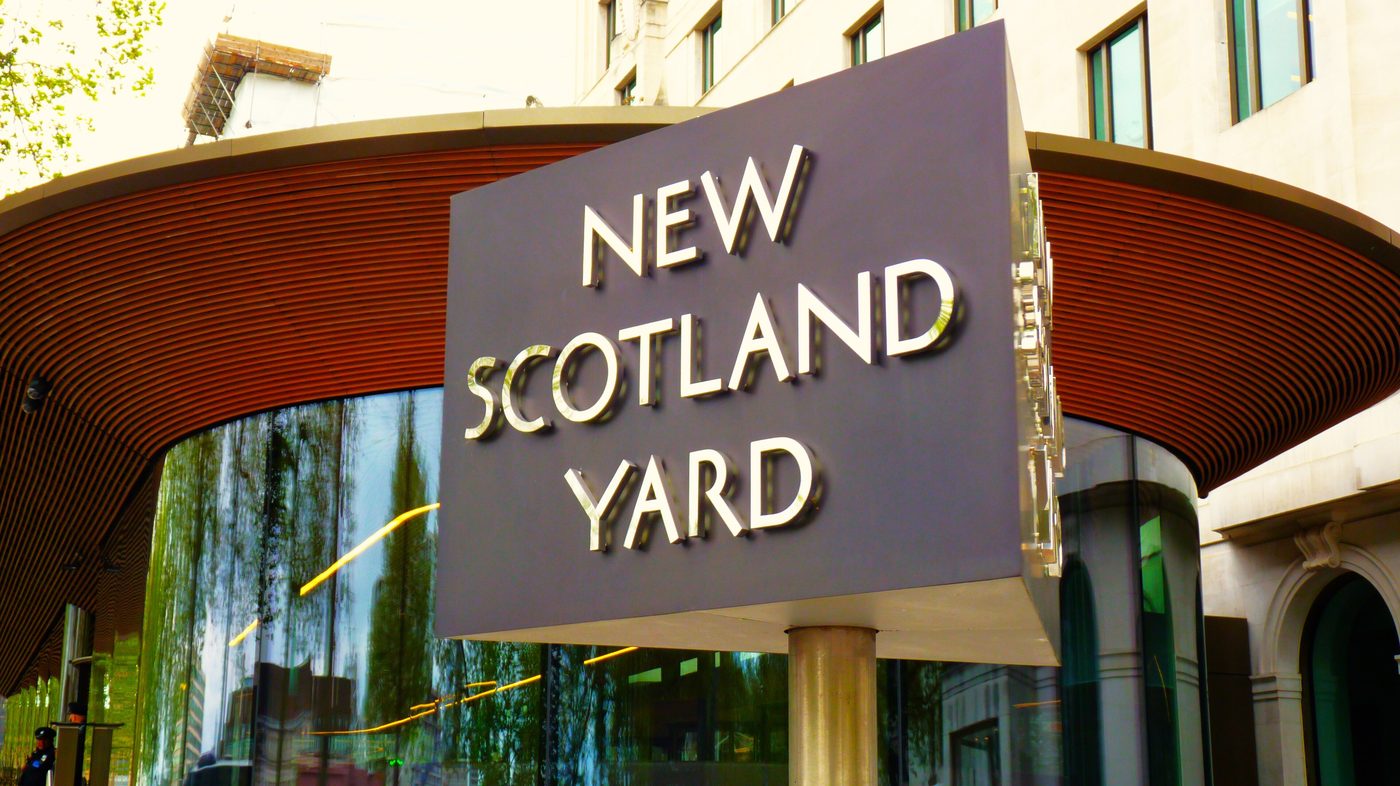 The rotating New Scotland Yard sign outside Metropolitan Police headquarters