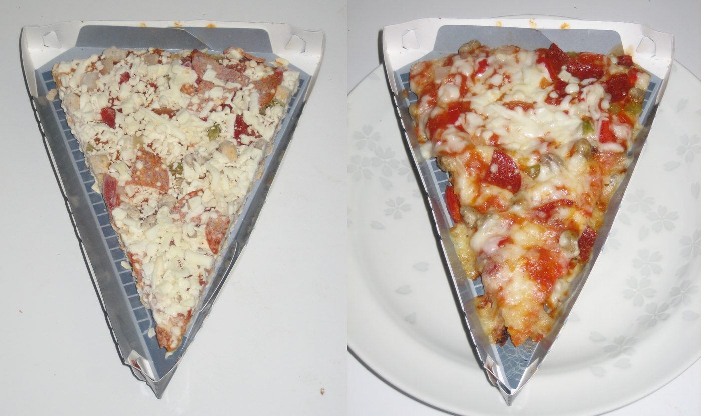 Two slices of Red Baron frozen pizza on paper trays