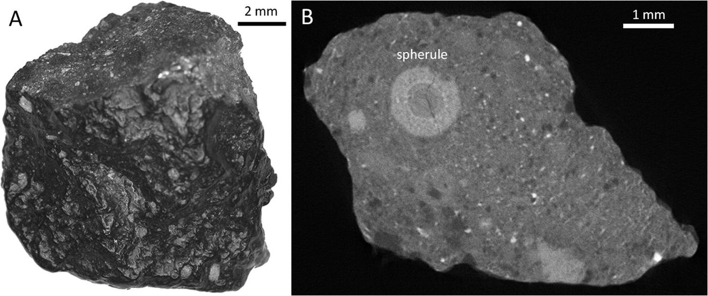 Two views of a dark Martian meteorite, its main mass and a scanned slice