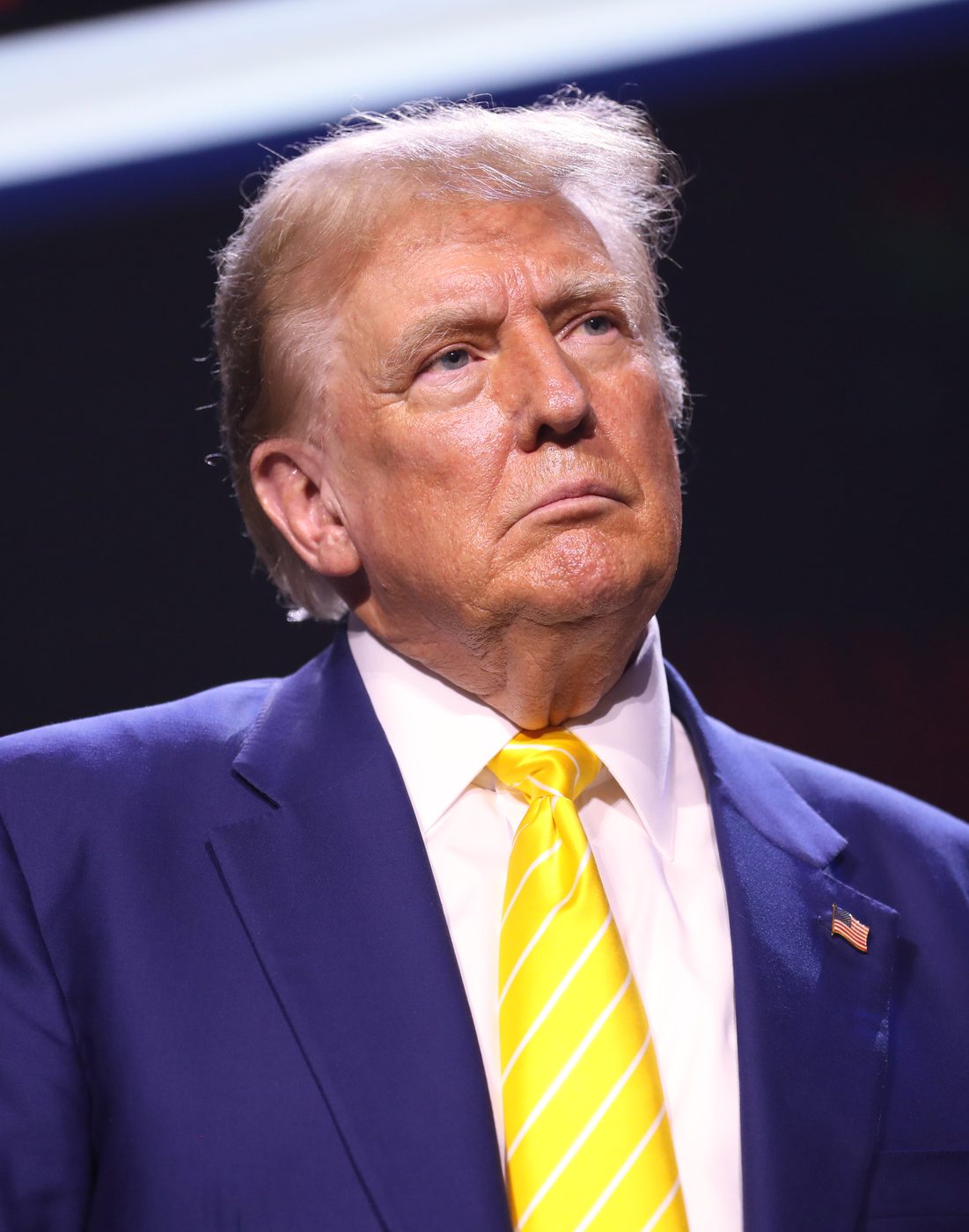 Donald Trump in a dark suit and yellow tie at a campaign event