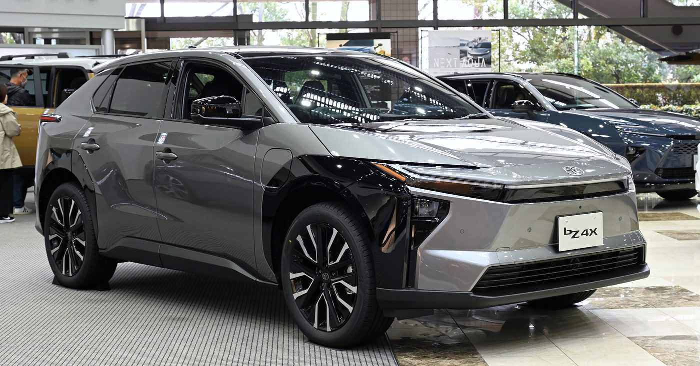 A gray Toyota bZ4X electric SUV parked on a street