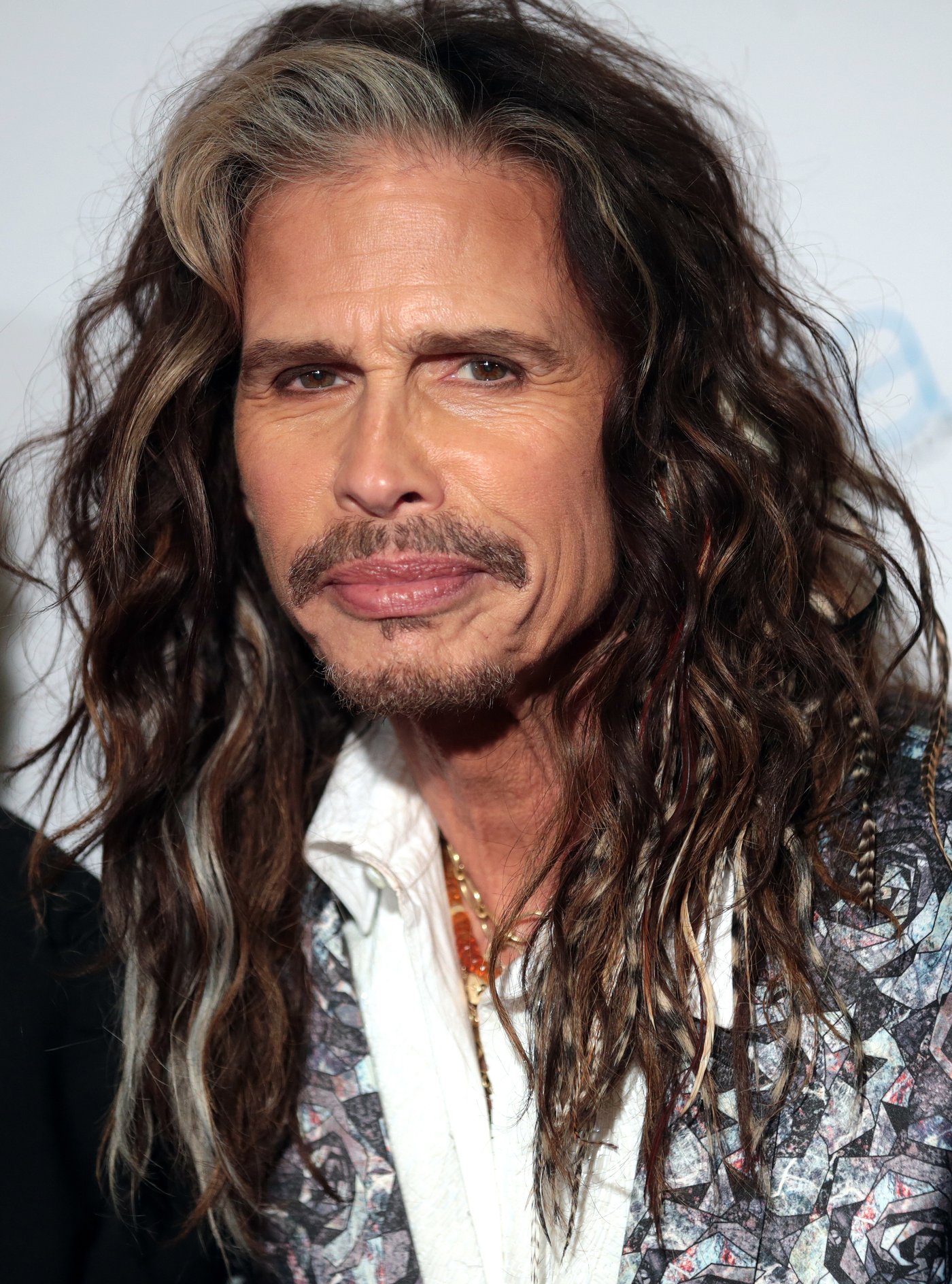 Aerosmith singer Steven Tyler with long hair in a close-up portrait