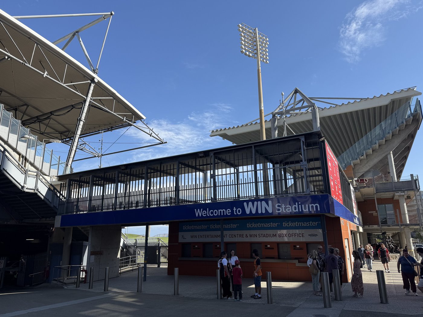 The entrance to WIN Stadium in Wollongong under a blue sky