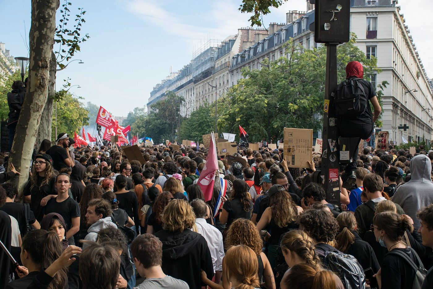 A large crowd of marchers fills a tree-lined Paris street
