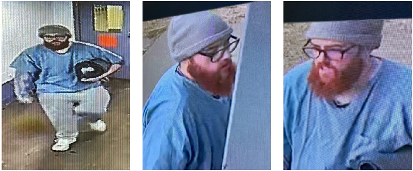 Three surveillance stills of Jacob Morley in a gray knit cap, glasses and a blue prison shirt