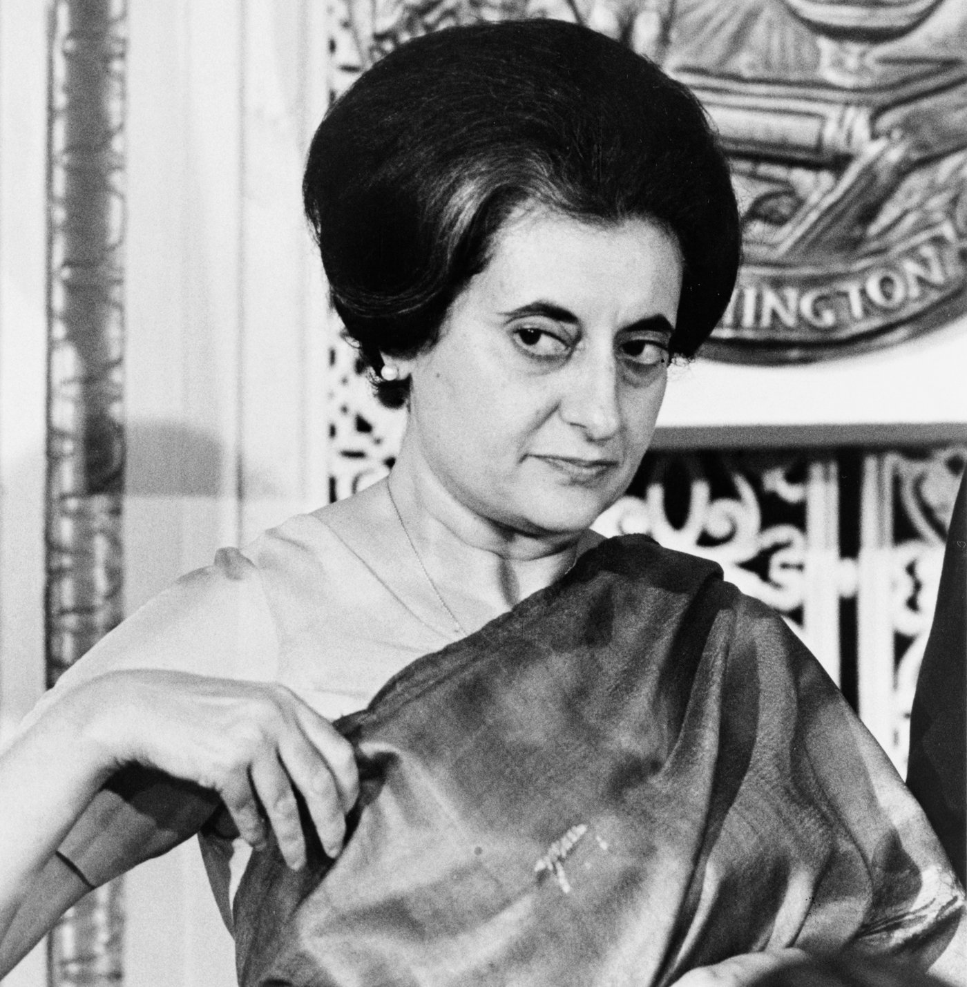 Indian Prime Minister Indira Gandhi in a black and white portrait