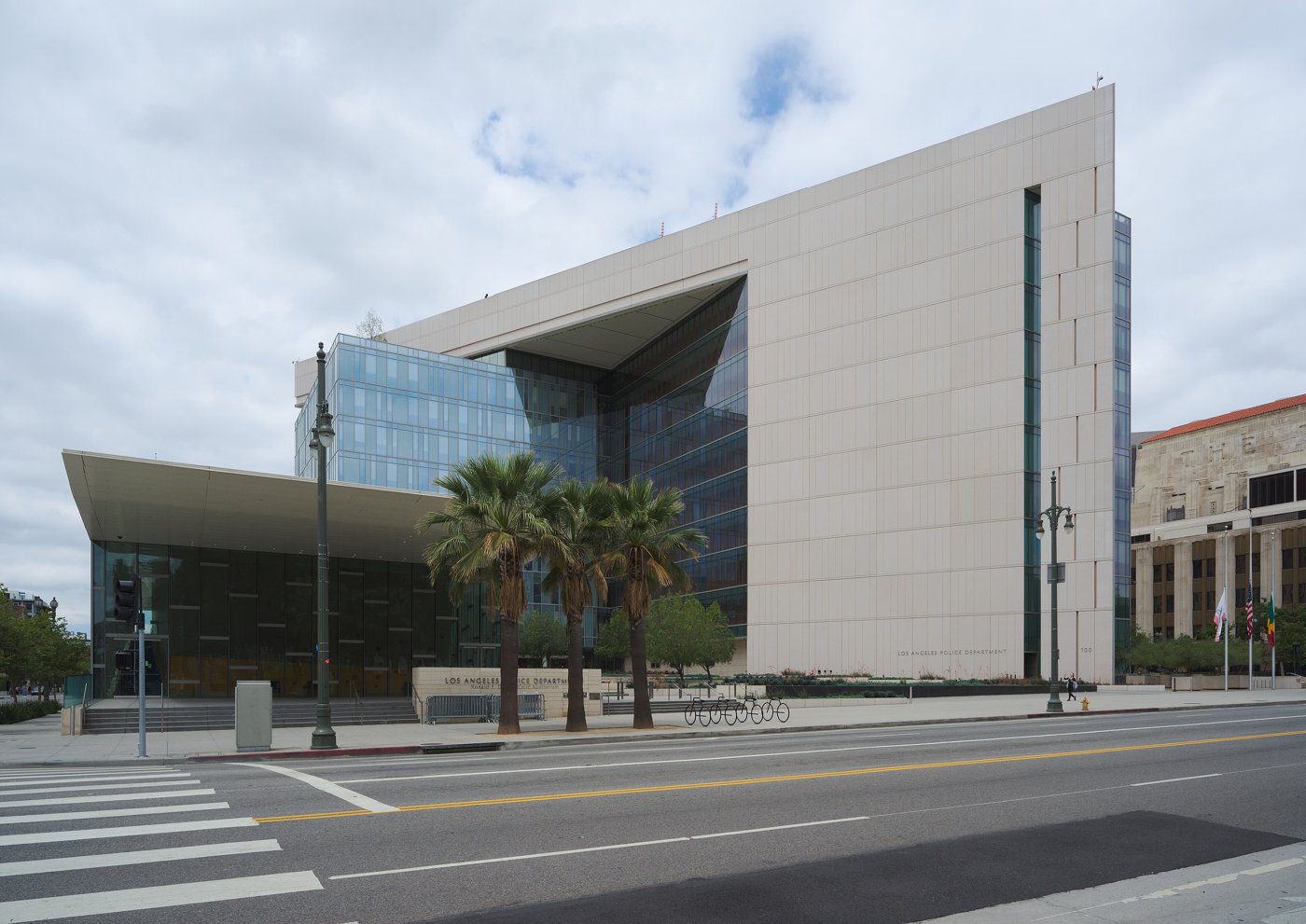 The modern glass and stone Los Angeles Police Department headquarters building