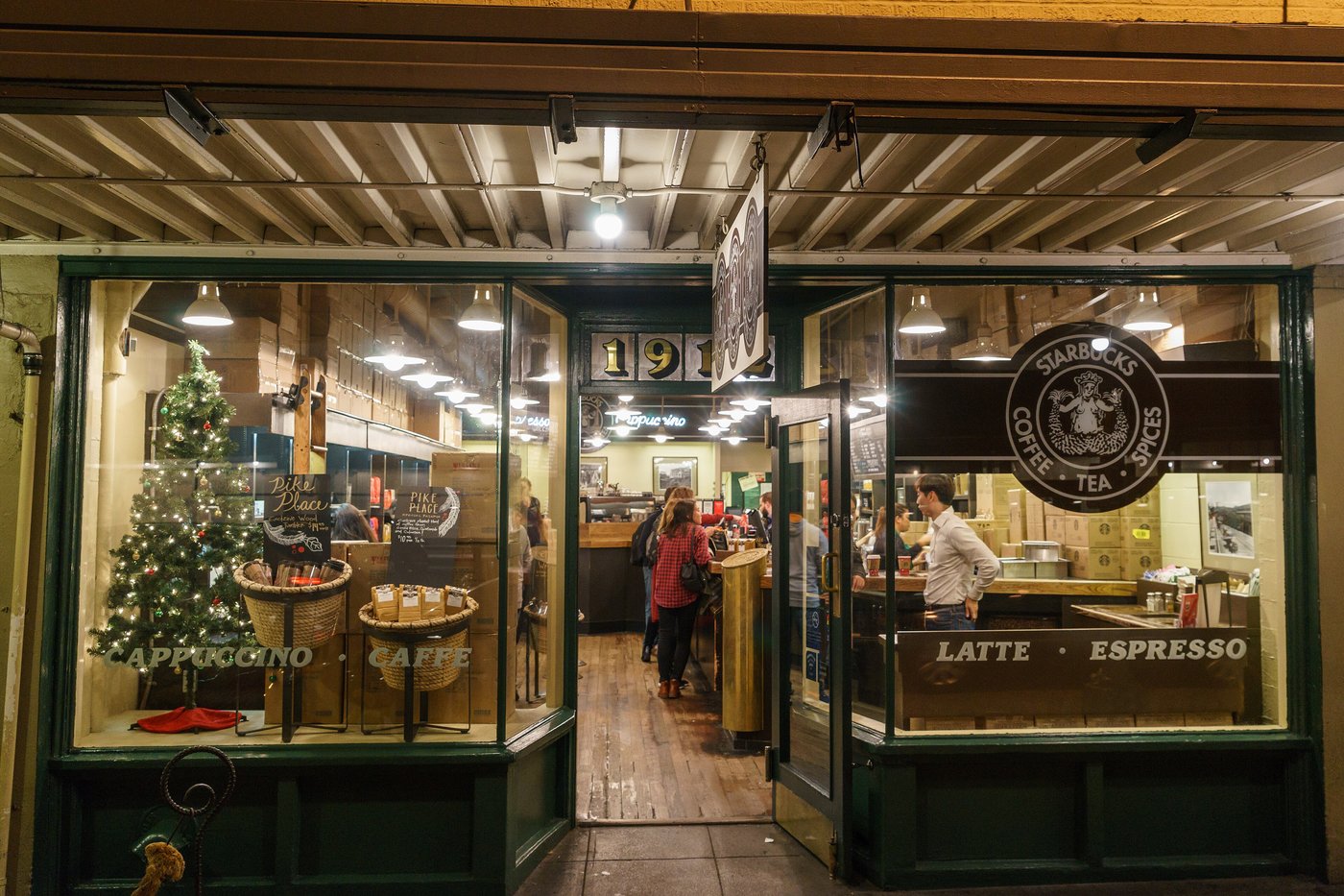 The front of the first Starbucks store at Pike Place Market in Seattle